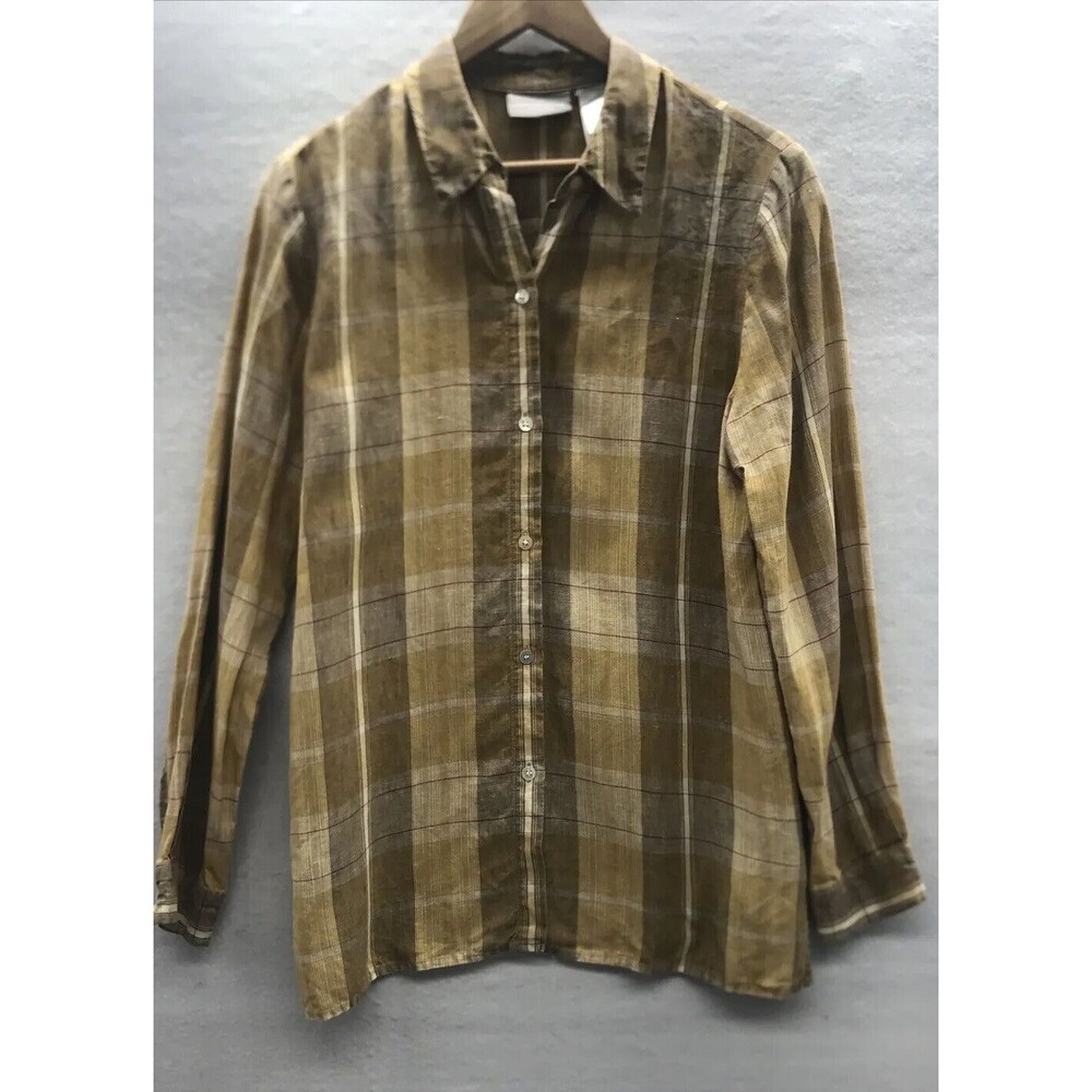 Liz Claiborne Womens Button Down Shirt Size 12 100% Linen Brown Plaid Side Slits